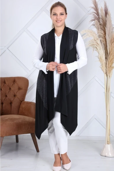 Kadın Sevda Büyük Beden Verev Simli Asimetrik Siyah Yelek ürün görseli 1