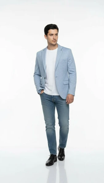 Erkek Karyağdı Desenli Slim Fit Blazer Ceket – Mavi & Gri – Şık Günlük ve Ofis Kombin - Resim 8