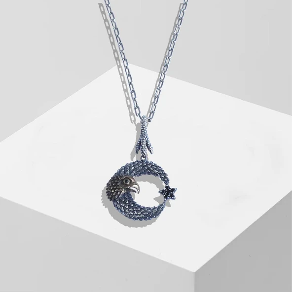 Kartal Ay Yıldız Trend Zincirli Gümüş Erkek Kolye - Resim 2