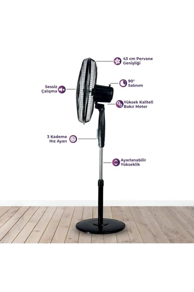 JOYSIDEA FN-100 16 İnç Ayaklı Vantilatör - 3 Kademeli Hız Ayarı, Sessiz ve Etkili Serinlik - Resim 7