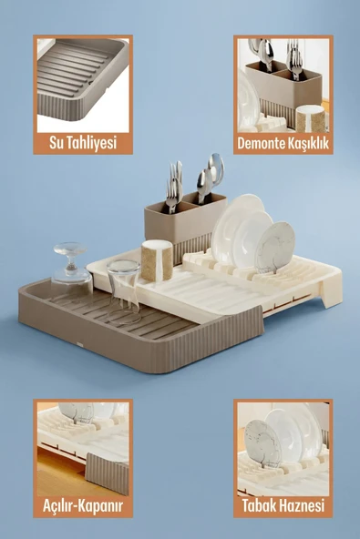 Krem Uzayabilir Sürgülü Bulaşık Sepeti, Lavabo/Tezgah Üstü Açılır Kapanır Bulaşıklık Kurutma Sepeti - Resim 5