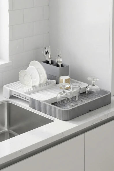 Gri - Uzayabilir Sürgülü Bulaşık Sepeti, Lavabo/Tezgah Üstü Açılır Kapanır Bulaşıklık Kurutma Sepeti - Resim 2
