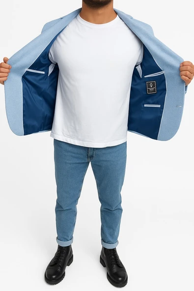 Erkek Karyağdı Desenli Slim Fit Blazer Ceket – Mavi & Gri – Şık Günlük ve Ofis Kombin - Resim 9