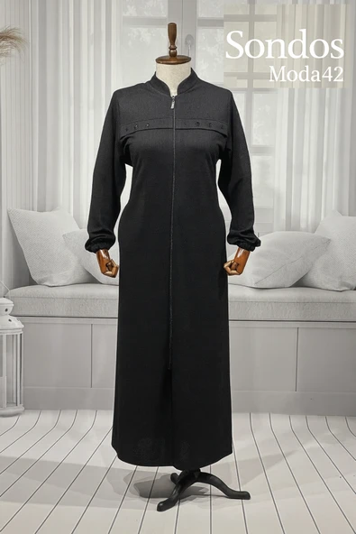 ANNE KADIN BÜYÜK BEDEN HAKİM YAKA FERMUARLI CEPLİ BONCUK DETAYLI MEVSIMLIK SIYAH PARDESÜ ürün görseli 1