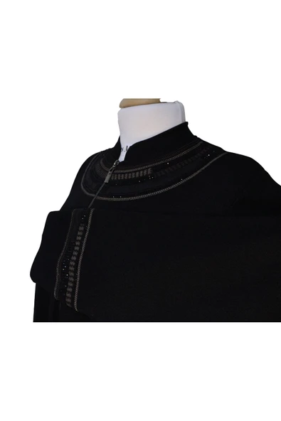 Kadın  Battal Mevsimlik Nakışlı Siyah Pardesü - Resim 4