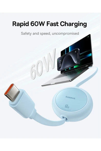 Free2Pull Mini Makaralı USB-C 60W Hızlı Şarj ve Data Kablosu, Mavi - Resim 6