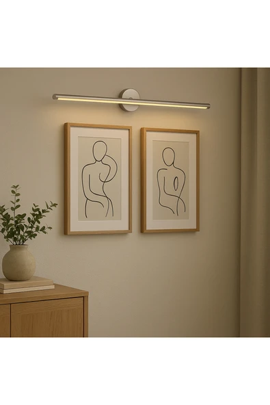 Netzy Platinium Veil™ Metalik Gümüş 70 cm Modern Kablosuz Tablo Ayna Pilli Aplik Montajsız Duvar Lambası - Resim 3