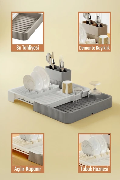 Gri - Uzayabilir Sürgülü Bulaşık Sepeti, Lavabo/Tezgah Üstü Açılır Kapanır Bulaşıklık Kurutma Sepeti - Resim 5