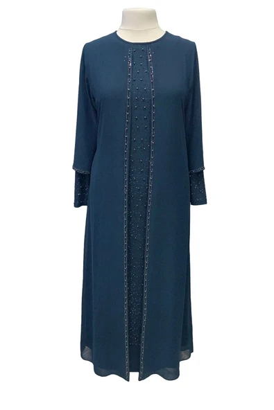 Arya Yuvarlak Yaka Şık Taş İşlemeli Büyük Beden Anne Abiye Elbise ürün görseli 1