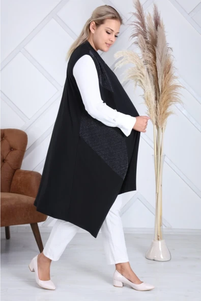 Kadın Sevda Büyük Beden Verev Simli Asimetrik Siyah Yelek - Resim 2