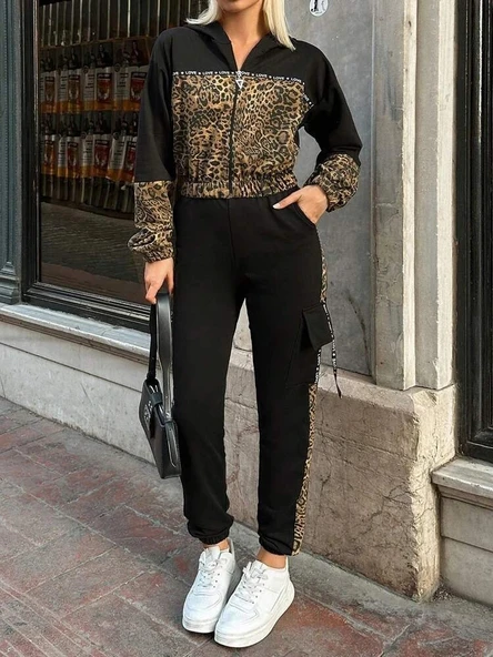 MDB Kadın Uzun Kollu Kapşonlu Leopar Desenli Viskon Iki Iplik Bluz Ve Pantolon Ikili Takım - Resim 3