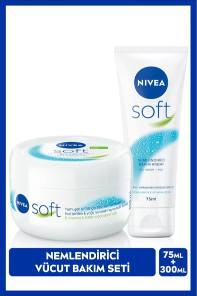 NIVEA Soft Nemlendirici Bakım Kremi 300ml ve Soft Krem 75ml, El Yüz Vücut, E Vitamini, Yumuşak Cilt,Jojoba ürün görseli 1