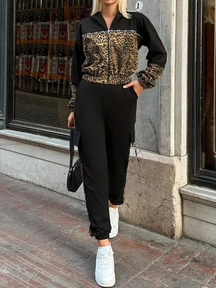 MDB Kadın Uzun Kollu Kapşonlu Leopar Desenli Viskon Iki Iplik Bluz Ve Pantolon Ikili Takım - Resim 2