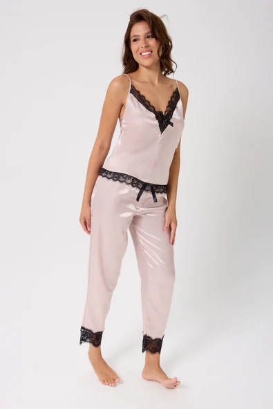 leswear Pantolonlu 2'li Dantel Detaylı Saten Gecelik Takımı - Resim 5