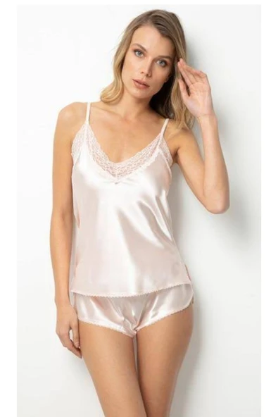 Doremi saten şortlu takım Ekru L/XL - Resim 2