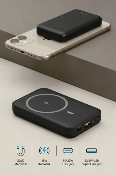 9010-S 5000mAh MagSafe Powerbank / Kablosuz + Kablolu 15W/20W/22.5W Hızlı Şarj / Güçlü Manyetik - Resim 2