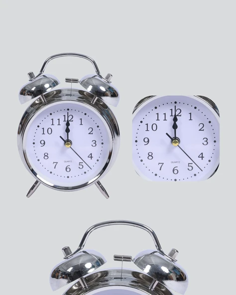 Yuvarlak Gümüş Dekoratif Işıklı Masa Üstü Saat Alarmlı Sessiz Çalışma - Resim 2