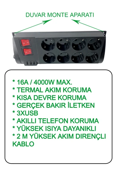 Priz Isıya Dayanıklı Akım Korumalı 2 Metre 16A 4000 W 8Li uzatma Kablolu Priz 3x USB Lİ Uzatma Kablo - Resim 2