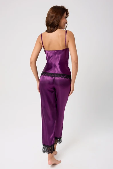 leswear Pantolonlu 2'li Dantel Detaylı Saten Gecelik Takımı - Resim 4