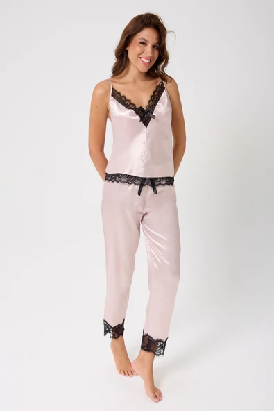 leswear Pantolonlu 2'li Dantel Detaylı Saten Gecelik Takımı - Resim 6