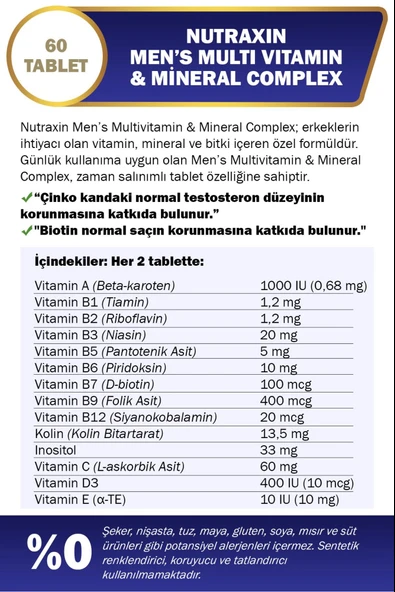 Nutraxin Multivitamin Mineral Complex Erkek 60 Tablet 2 Adet - Resim 3