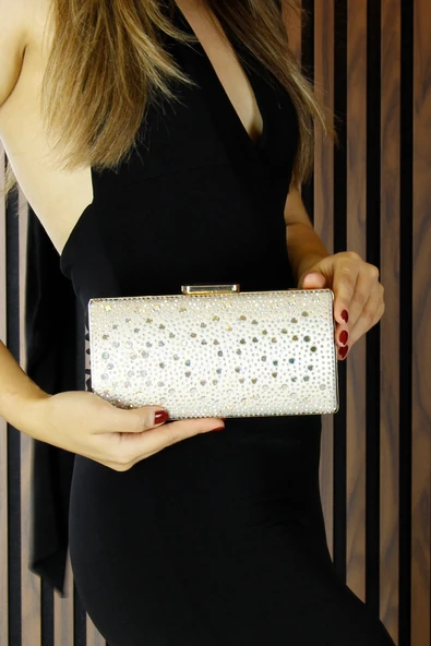 Erkan Saçmacı Ten Saten Damla Kristal Taşlı Metal Saplı Zincirli Abiye El Çantası - Resim 2