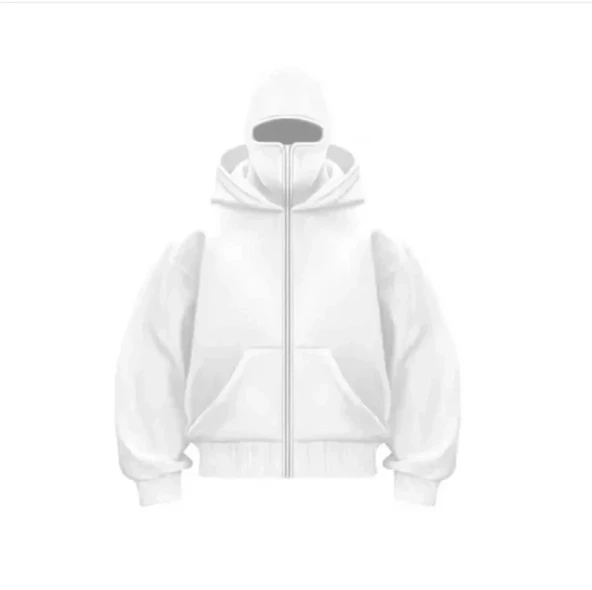 Samuray Ninja Çift Kapşonlu ZIP Fermuarlı Kanguru Çepli Tam Fermuarlı Hoodie Swetshirt - Beyaz ürün görseli 1