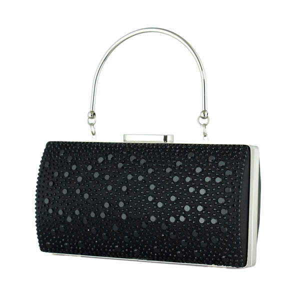 Erkan Saçmacı Siyah Saten Damla Kristal Taşlı Metal Saplı Zincirli Abiye El Çantası ürün görseli 1