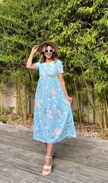 Kadın Kısa Kollu çiçek Baskı Midi Boy Süprem Elbise - Resim 3