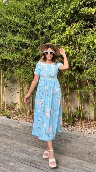 Kadın Kısa Kollu çiçek Baskı Midi Boy Süprem Elbise - Resim 2