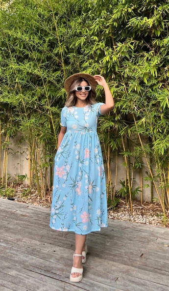 Kadın Kısa Kollu çiçek Baskı Midi Boy Süprem Elbise ürün görseli 1