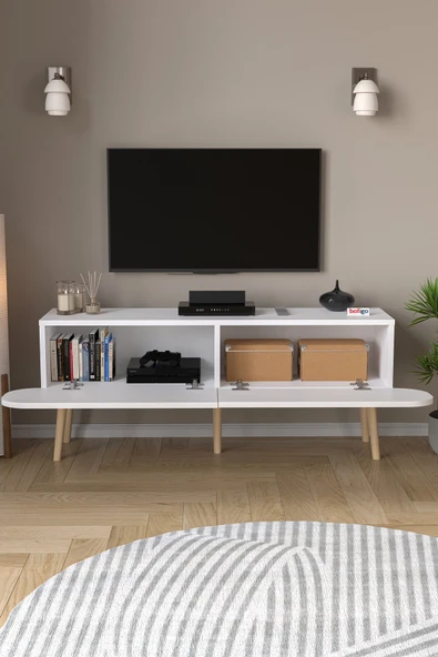 Tv Sehpası 2 Kapaklı Tv Sehpası Düşer Kapaklı TV Ünitesi Televizyon Sehpası 120 Cm Sicilya Beyaz - Resim 3