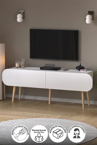 Tv Sehpası 2 Kapaklı Tv Sehpası Düşer Kapaklı TV Ünitesi Televizyon Sehpası 120 Cm Sicilya Beyaz ürün görseli 1