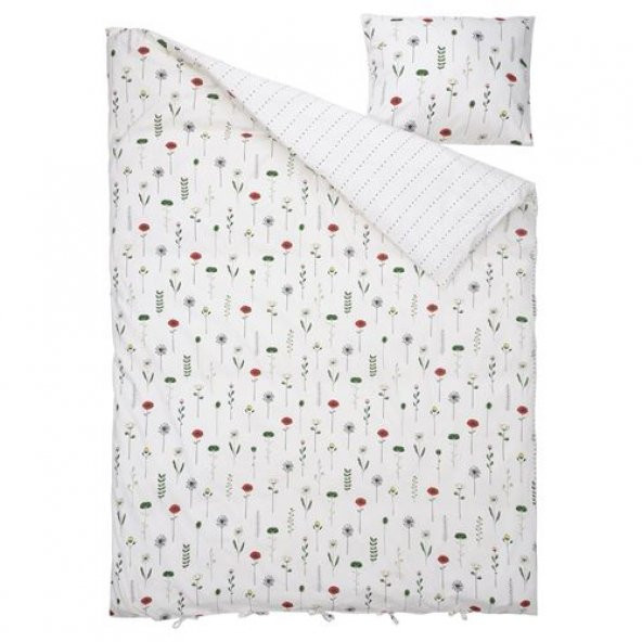 Tek Kişilik Nevresim Takımı, Beyaz-Çok Renkli IKEA 150x200/50x60 cm Pamuk Çiçek Desenli - 3