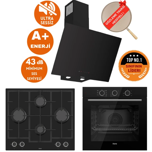 Ferre FryArt&SilentArt MILANA Sessiz Yeni Seri Siyah Ankastre  Set ( D077-SA + QXE62CS + LN385) ürün görseli 1