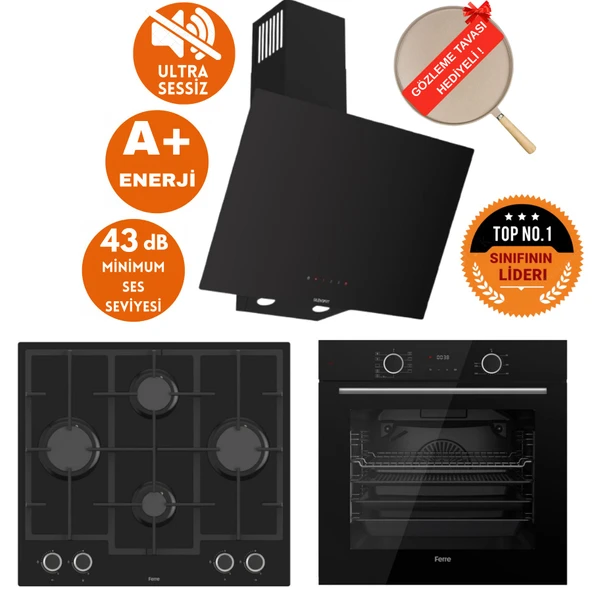 Ferre FryArt&SilentArt MİLE Sessiz Yeni Seri Siyah Ankastre  Set ( D077-SA + XE63CS + LN385 ) ürün görseli 1