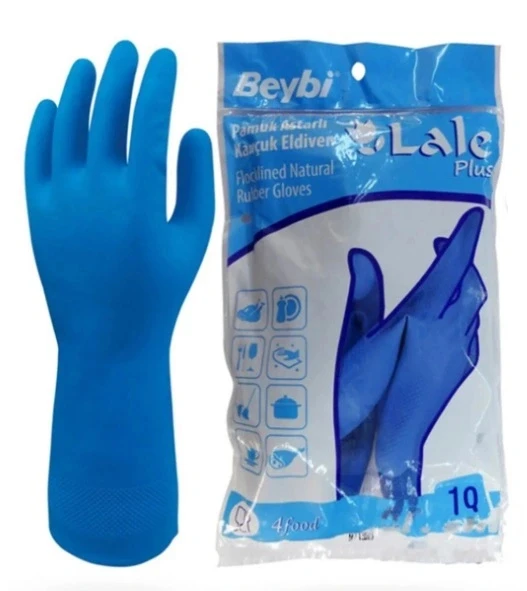 BEYBİ Lale Plus Mavi Gıdaya Uygun Pamuk Astarlı Kauçuk Eldiven No: 10 beden : XL ( 10 çift - 1 paket ) ürün görseli 1
