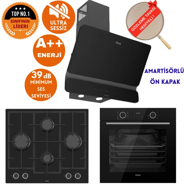 Ferre FryArt&SilentArt ELİT Sessiz Yeni Seri Siyah Ankastre  Set ( D080-SA + XE63CS + LN385 ) ürün görseli 1