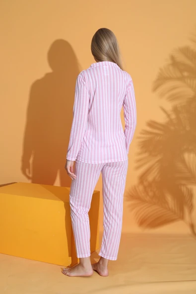 Kadın Pembe-beyaz çizgili Pamuklu Düğmeli Biyeli Pijama Takım - Resim 3