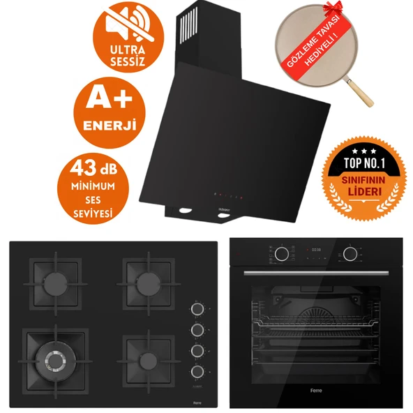 Ferre FryArt&SilentArt Nimo Sessiz Yeni Seri Siyah Ankastre  Set ( D077-SA + XE63CS +SC405-WFA wok) ürün görseli 1