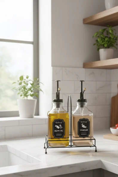 Premium Cam Yağ ve Sirke Şişesi 500 ml Şık Standlı Pompalı Dispenser 2 li Set - Resim 2