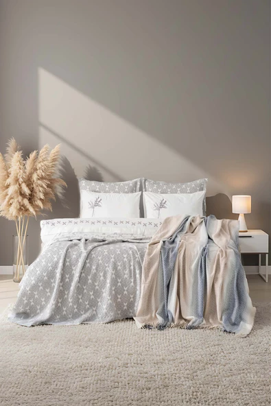 Mode Gri Nakışlı Çift Kişilik Nevresimli Battaniye Seti - 8 Parça Çeyiz Seti ürün görseli 1