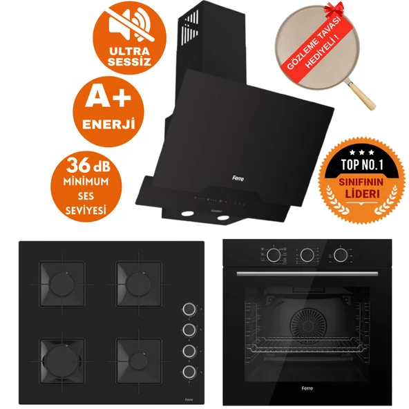 Ferre FryArt&SilentArt Bologna Sessiz Yeni Seri Siyah Ankastre  Set ( D063-SA + QXE62CS + SS205) ürün görseli 1