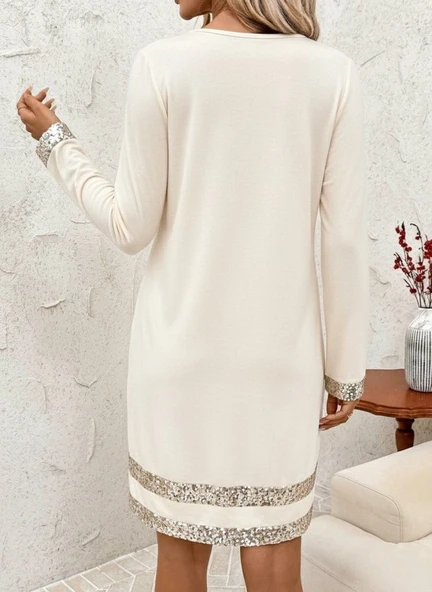 Kadın Uzun Kollu Bisiklet Yaka Mini Ithal Krep Elbise - Resim 3