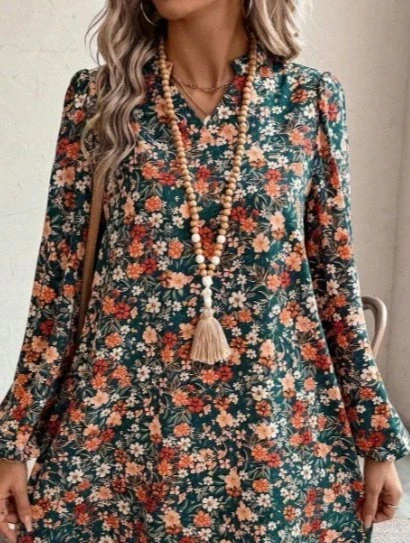 MDB Kadın Uzun Kollu V Yakalı Desenli Modal Mini Elbise - Resim 2