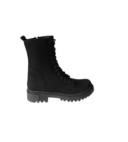 YAZKIŞ Kadın Siyah Mat Cilt Bağcıklı Fermuaralı 18cm Bilekboyu Düz Termo Taban Postal Bot - Resim 2