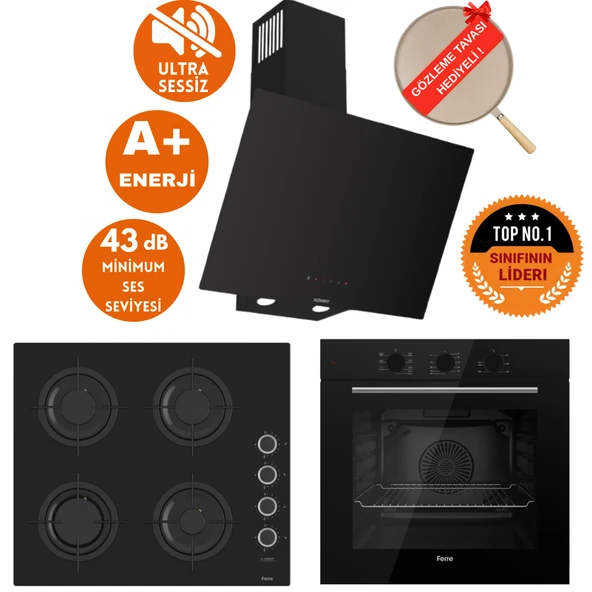 Ferre FlowArt&SilentArt BILBAO Sessiz Siyah Ankastre  Set ( D077-SA + QBL62CS +CS205-FA FlameART ) ürün görseli 1