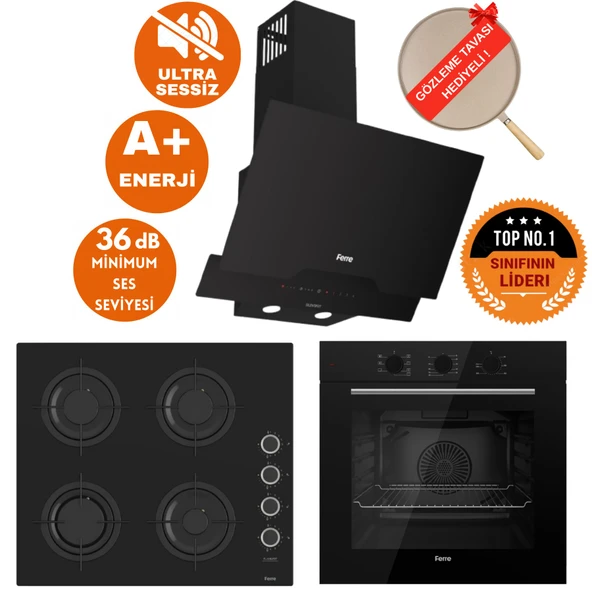 Ferre FlowArt&SilentArt ALMERİA Sessiz Siyah Ankastre  Set ( D063-SA + QBL62CS +CS205-FA FlameART ) ürün görseli 1