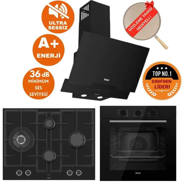Ferre FlowArt&SilentArt BAQ Sessiz Siyah Ankastre  Set ( D063-SA + QBL62CS + ED075-WFA Wok ) ürün görseli 1