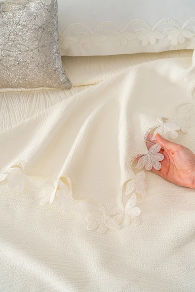 İlay Ekru Nakışlı Çift Kişilik Nevresimli Pike Seti - 8 Parça Çeyiz Seti - Resim 6